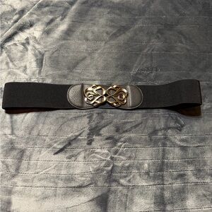 Black Elastic Belt with Bronze/Gold Buckle and Faux Leather Detail